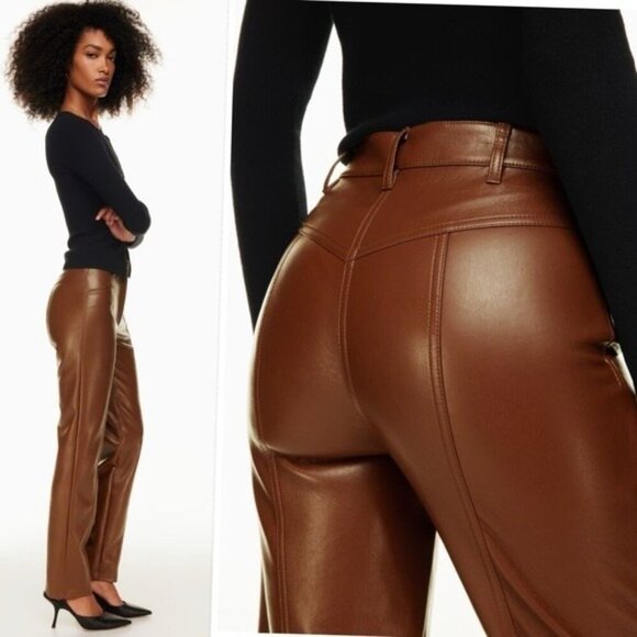 Aritzia Wilfred Rebel Vegan Leather Pants High Waisted Straight Leg Brown - 8 - Picture 8 of 9